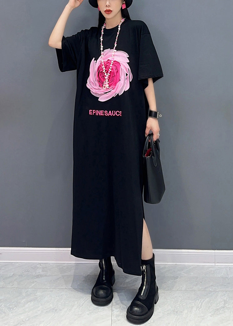 Lose schwarze O-Ausschnitt Print Seite offen Baumwolle T Shirt Kleider Sommer