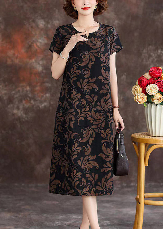 Loose Black O-Neck Print Silk Maxi Dresses Summer