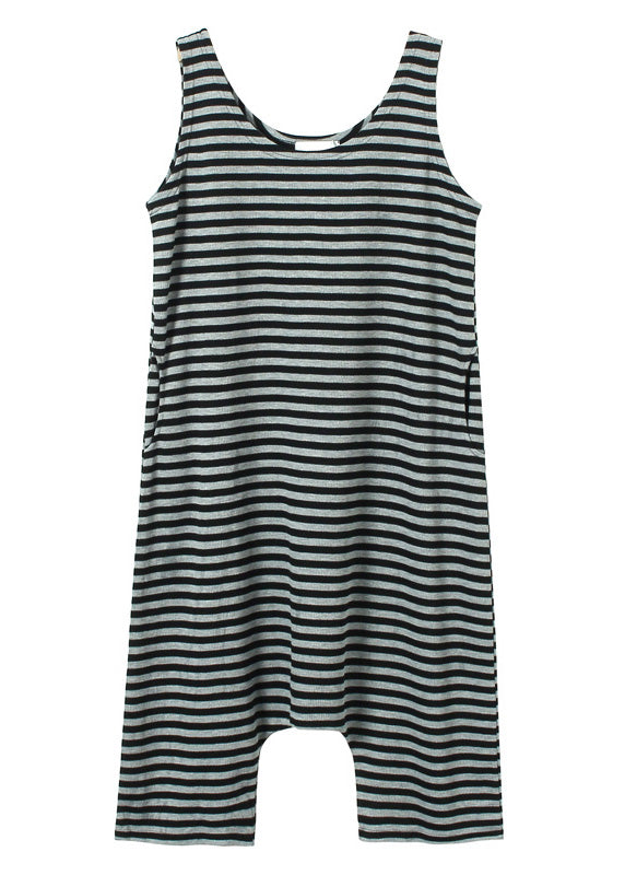 Mono holgado negro sin mangas de algodón con cuello redondo y rayas de patchwork