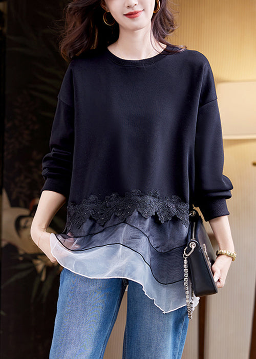 Loose Black O Neck Tulle Patchwork Cotton Sweatshirts Spring