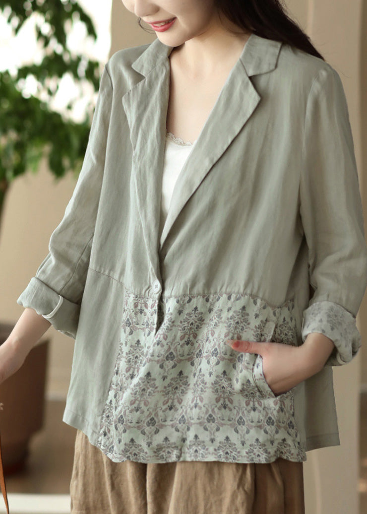 Lose Hellgrün Patchwork Print Ramie Mäntel Frühling