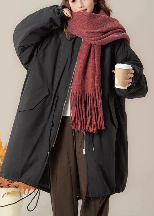Parkas largas holgadas negras con cuello Peter Pan y bolsillos de patchwork para invierno