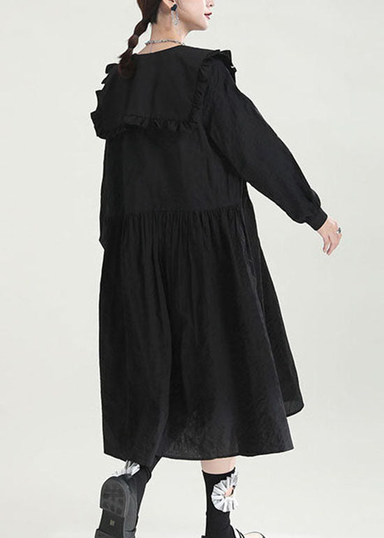 Lockere schwarze Peter-Pan-Kragen-Rüschenkleider Frühling