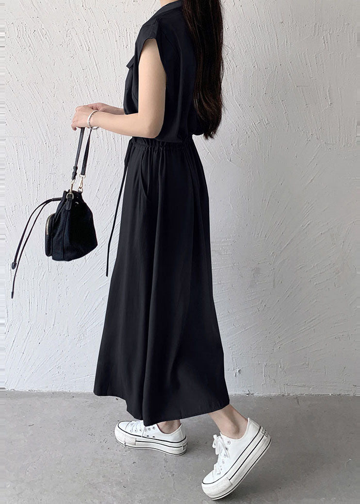 Loose Black Peter Pan Collar Tie Waist Cotton Long Dress Summer