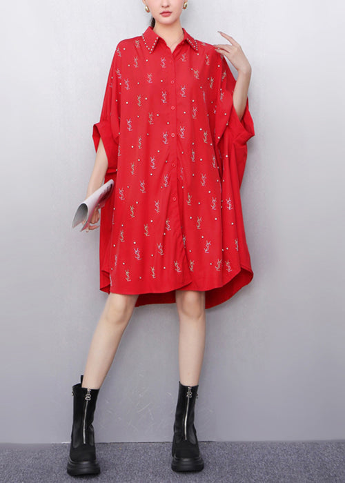 Loose Black Peter Pan Collar Zircon Cotton Shirts Dress Batwing Sleeve