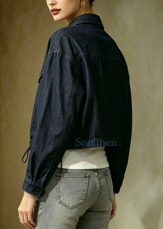 Loose Black Point Collar Drawstring Denim Jacket Fall
