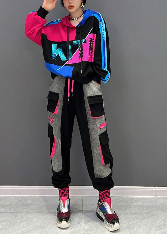 Lose Schwarz Print Kapuzen pullover Und Hosen Zwei Stücke Set Herbst