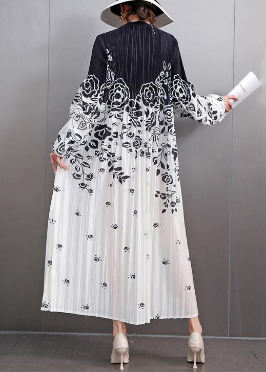 Loose Black Print Wrinkled Patchwork Cotton Long Dress Fall