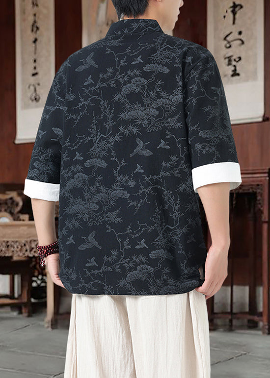 Locker geschnittenes schwarzes Baumwollhemd mit Stehkragen und chinesischen Knöpfen, halblang, Herrenärmel