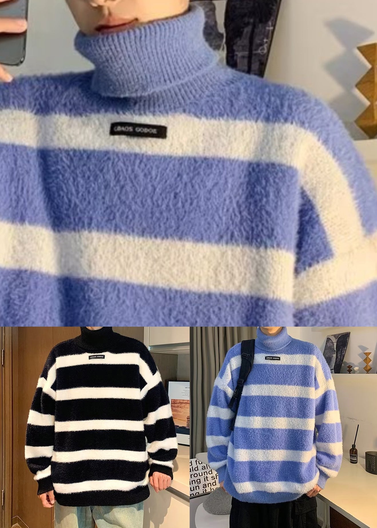 Loose Black Turtleneck Striped Mink Hair Knitted Men Sweater Winter