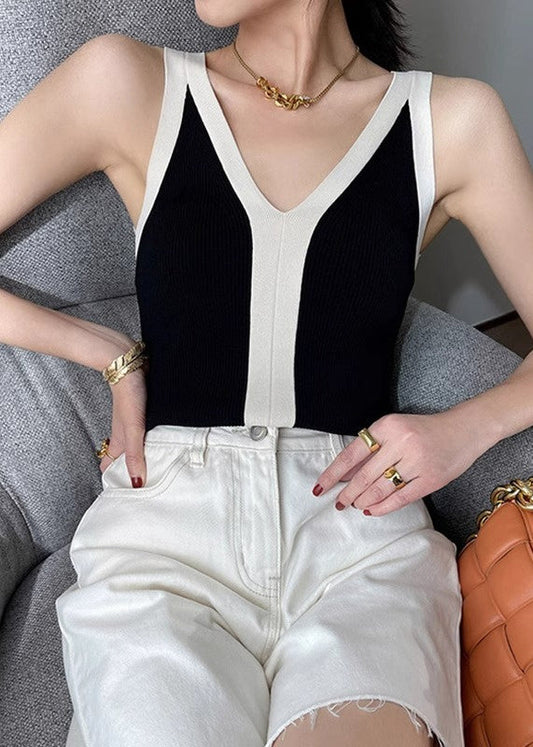 Loose Black V Neck Patchwork Knit Tanks Sleeveless