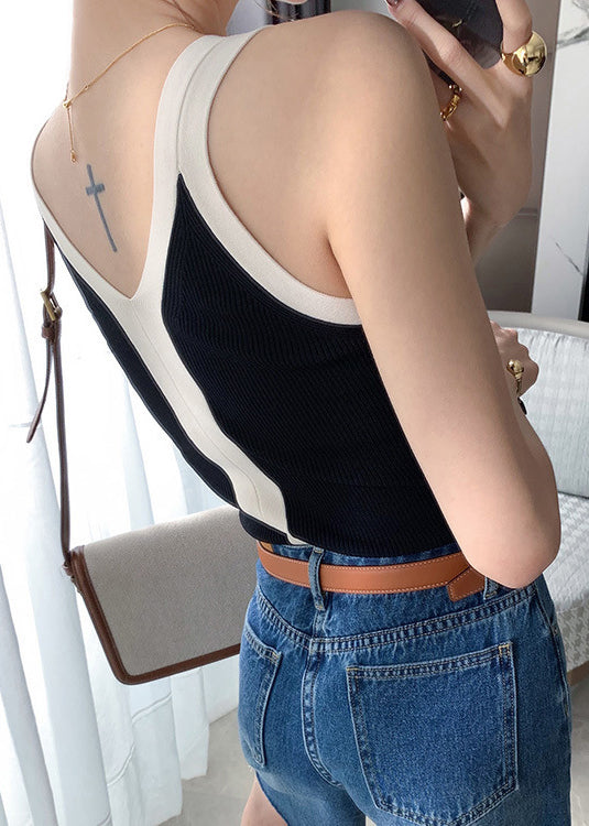 Loose Black V Neck Patchwork Knit Tanks Sleeveless