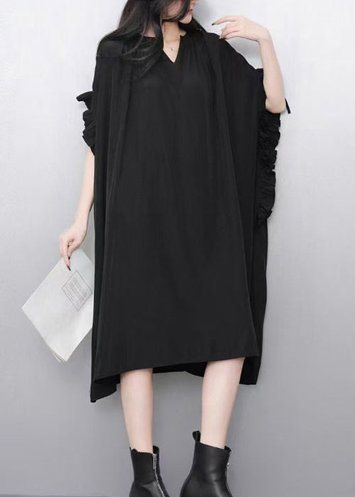 Loose Black V Neck Ruffled Cotton Dress Batwing Sleeve