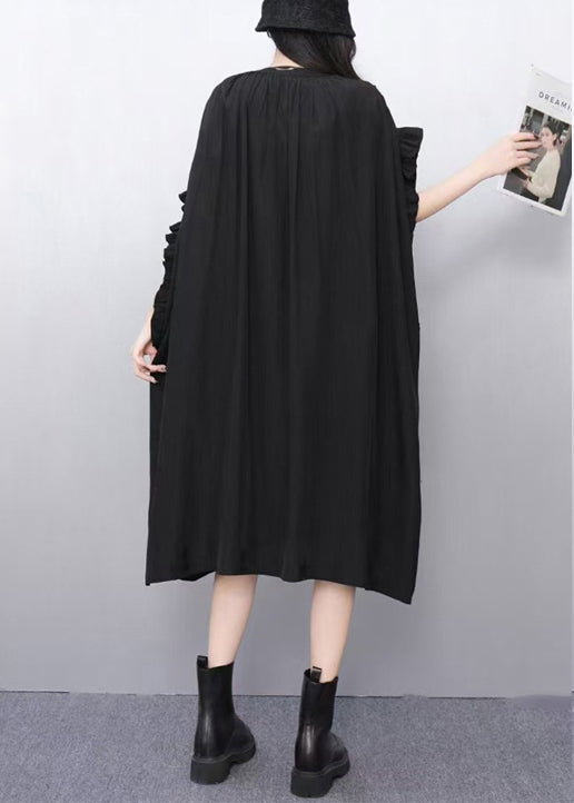 Loose Black V Neck Ruffled Cotton Dress Batwing Sleeve