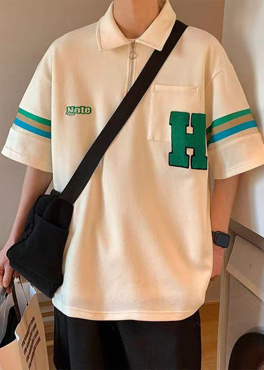 Loose Black Zip Up Striped Cotton Men Polo Shirts Half Sleeve