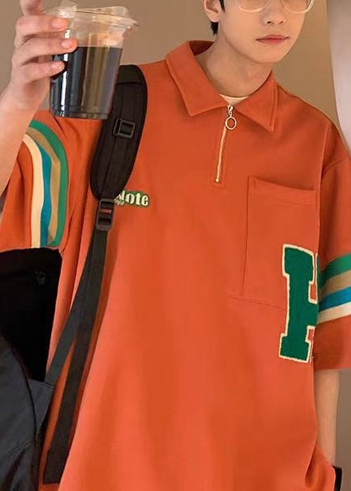 Loose Black Zip Up Striped Cotton Men Polo Shirts Half Sleeve