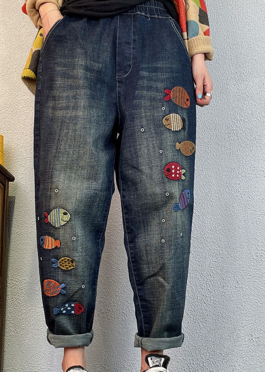 Lockere blaue bestickte Haremshose aus Denim für den Frühling