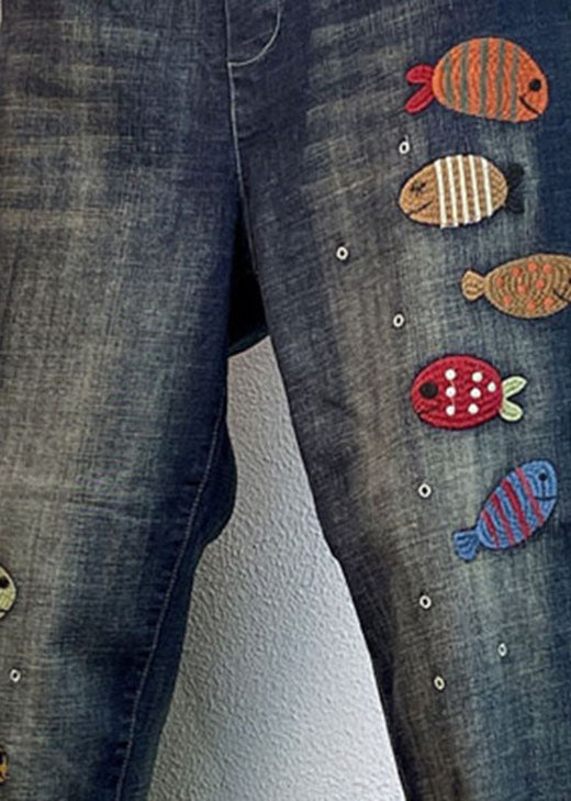 Lockere blaue bestickte Haremshose aus Denim für den Frühling