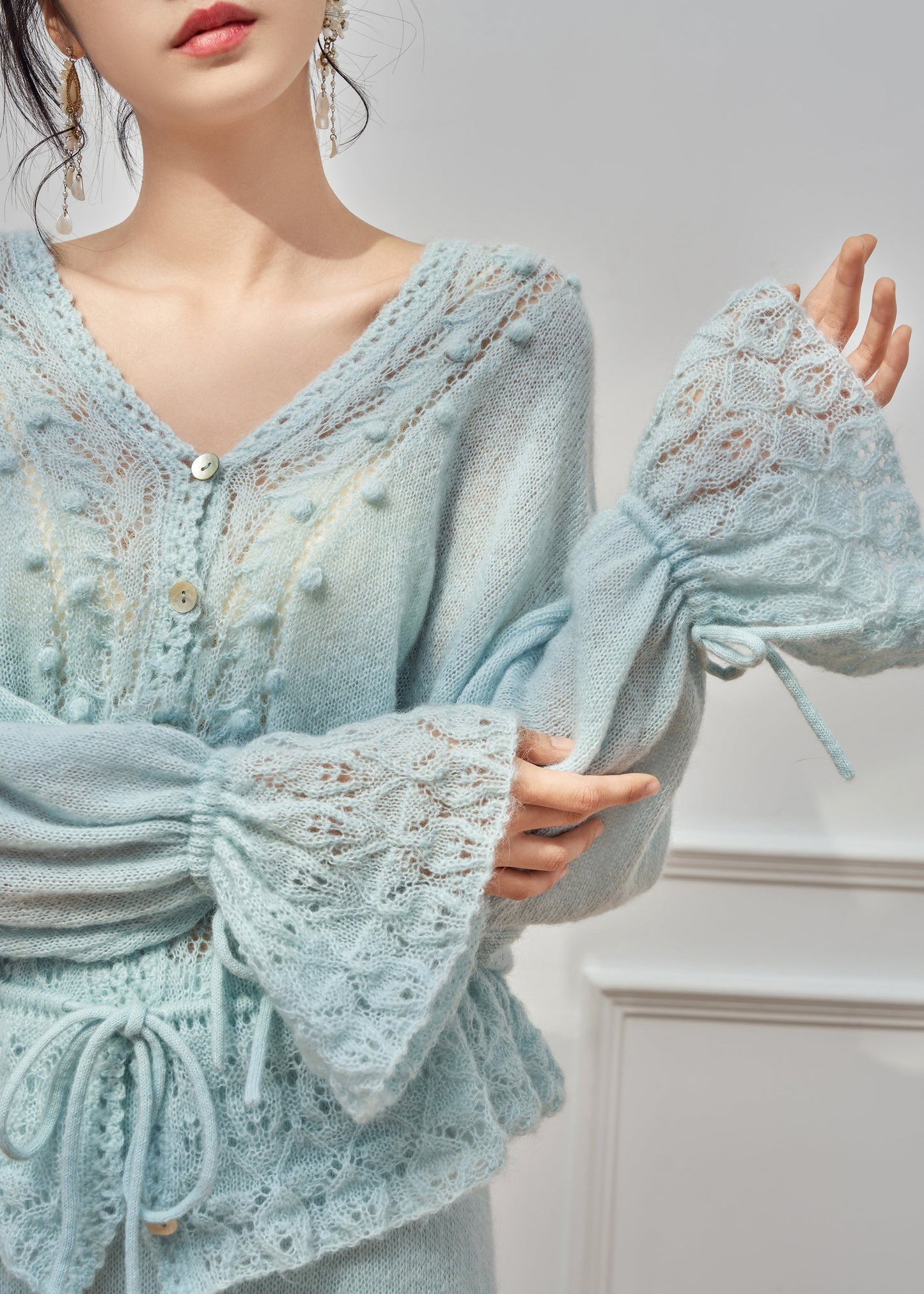 Loose Blue Hollow Out Tie Waist Knit Sweater Flare Sleeve