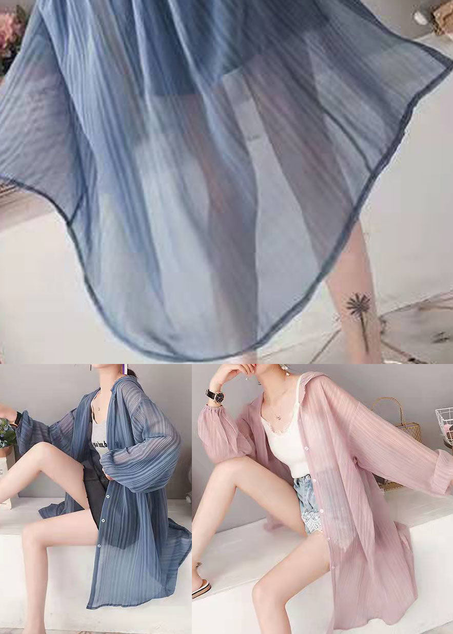 Loose Blue Hooded Striped Silk Cardigan Long Sleeve