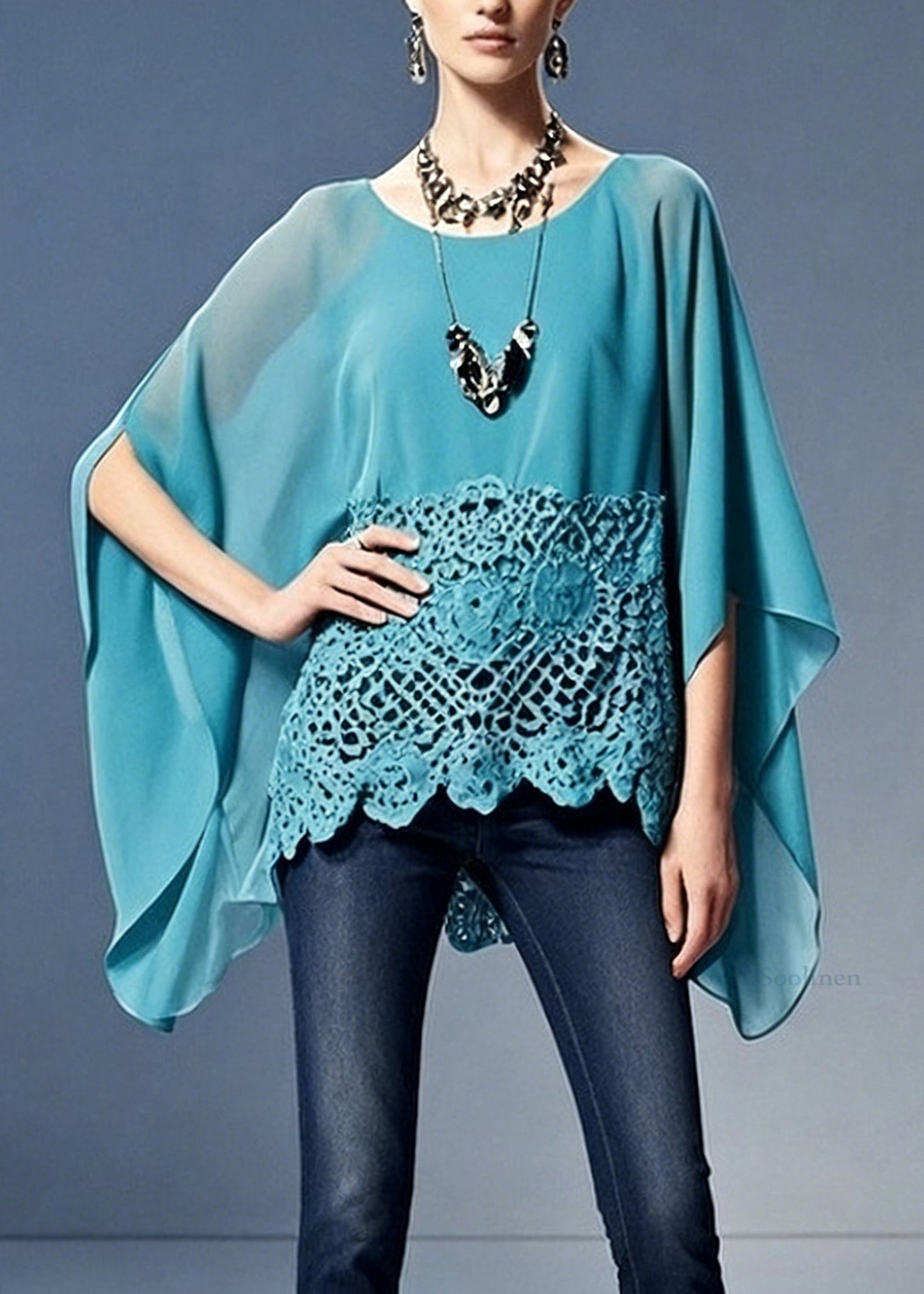 Loose Blue O Neck Hollow Out Patchwork Chiffon Top Batwing Sleeve