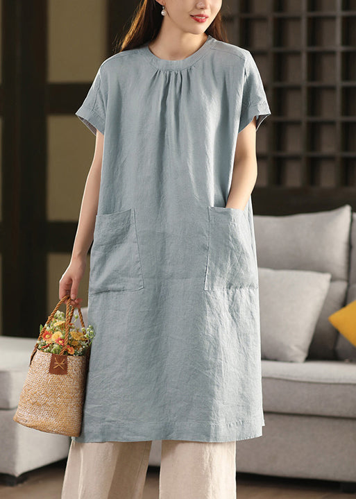 Loose Blue O-Neck Pockets Linen Dresses Summe