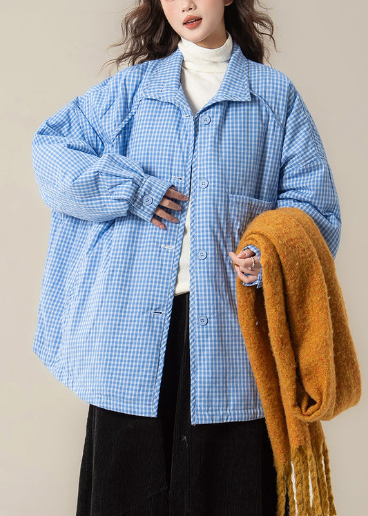 Parkas holgadas de cuadros azules con cuello Peter Pan y bolsillos para invierno