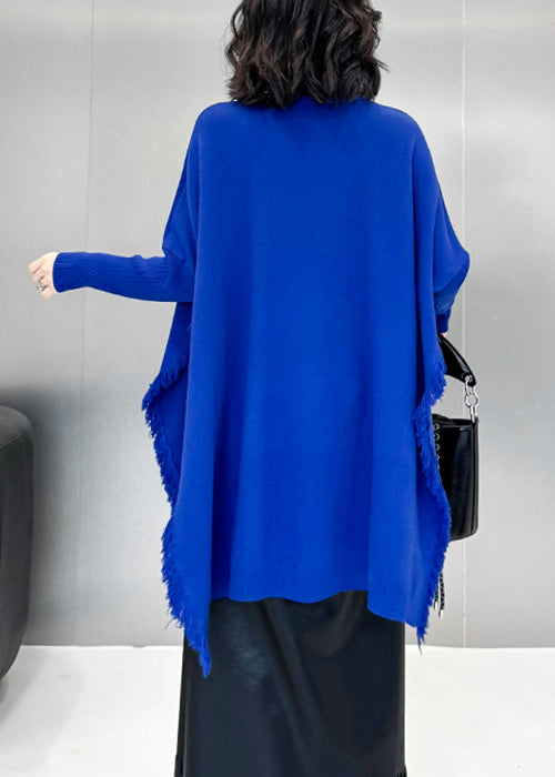 Loose Blue Pockets Side Open Knit Sweater Batwing Sleeve