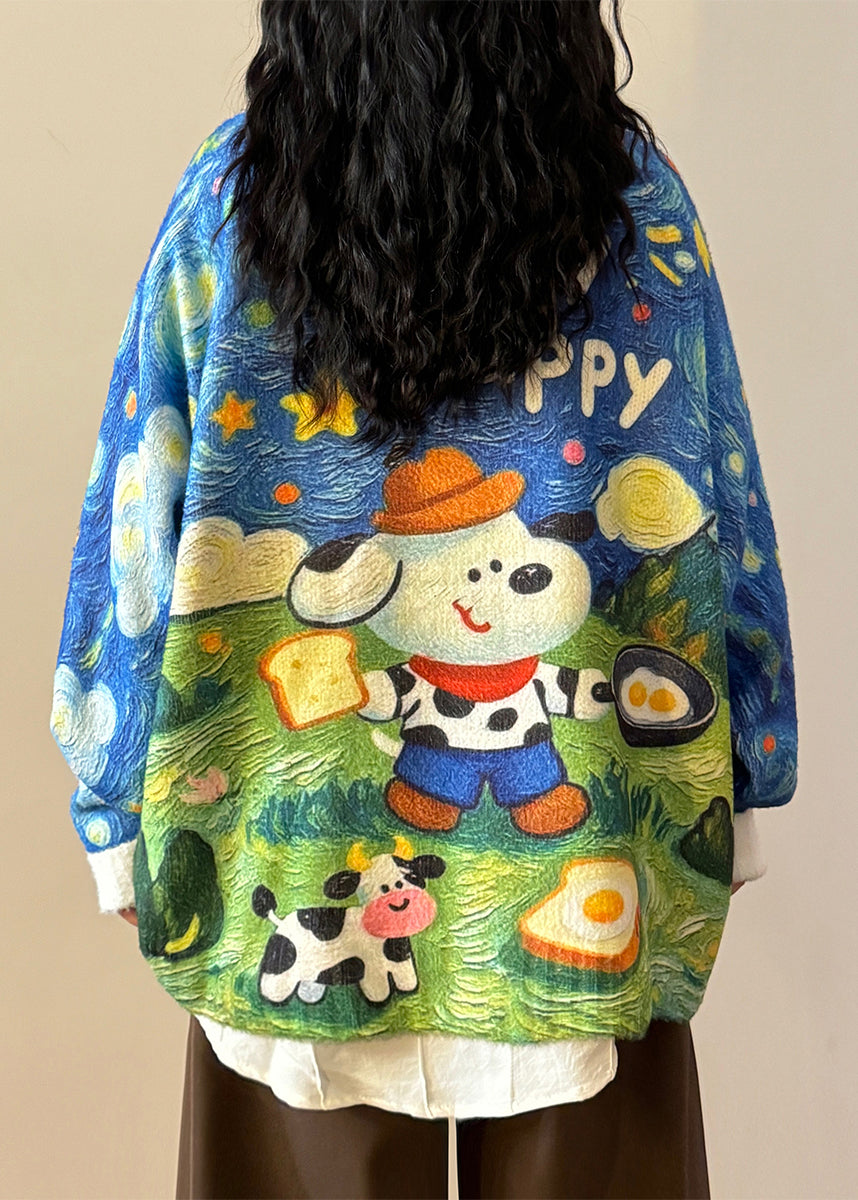 Loose Blue Print Button Cozy Knit Coats Spring