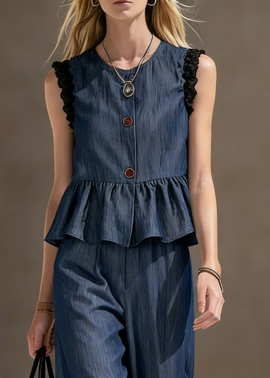 Loose Blue Ruffled Tops And Crop Pants Denim Two Pieces Set Sleeveless
