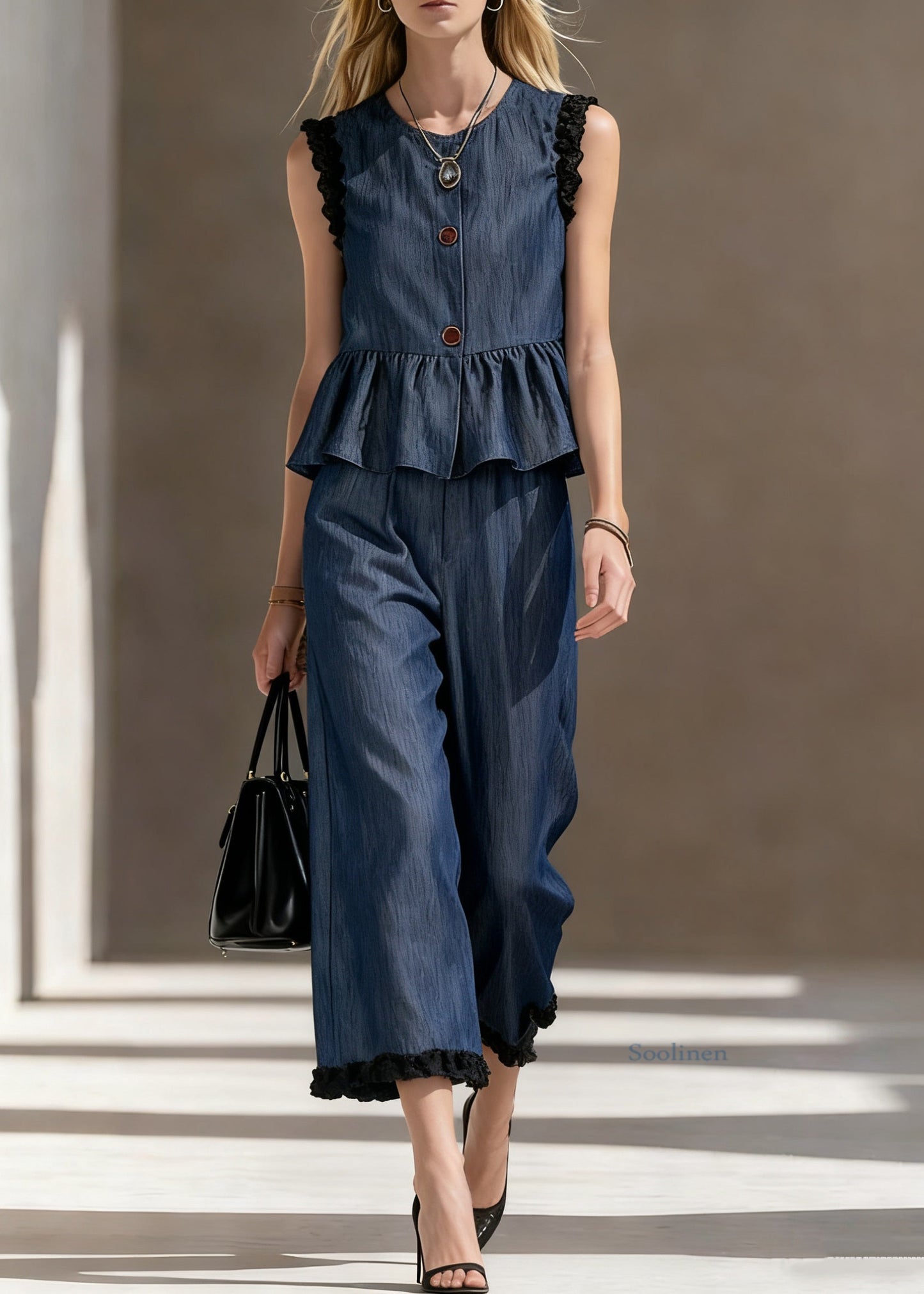 Loose Blue Ruffled Tops And Crop Pants Denim Two Pieces Set Sleeveless