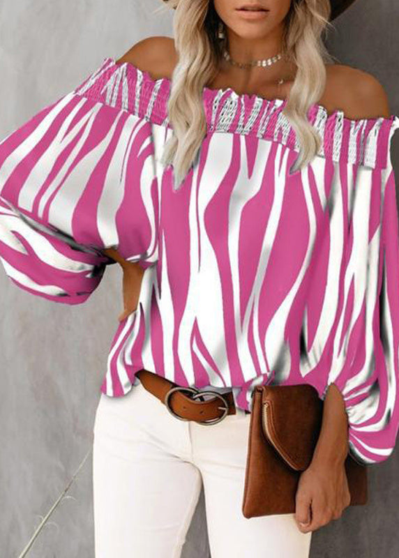 Loose Blue Slash Neck Striped Cotton Shirt Tops Lantern Sleeve