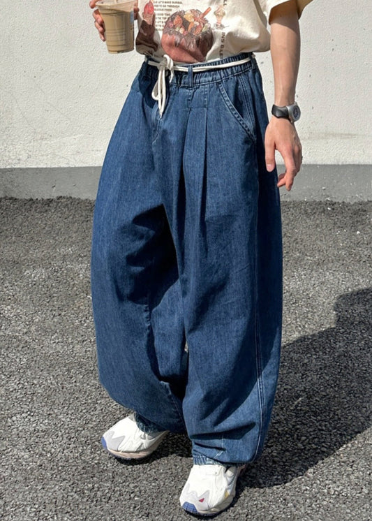 Loose Blue Solid Elastic Waist Denim Mens Pants Summer