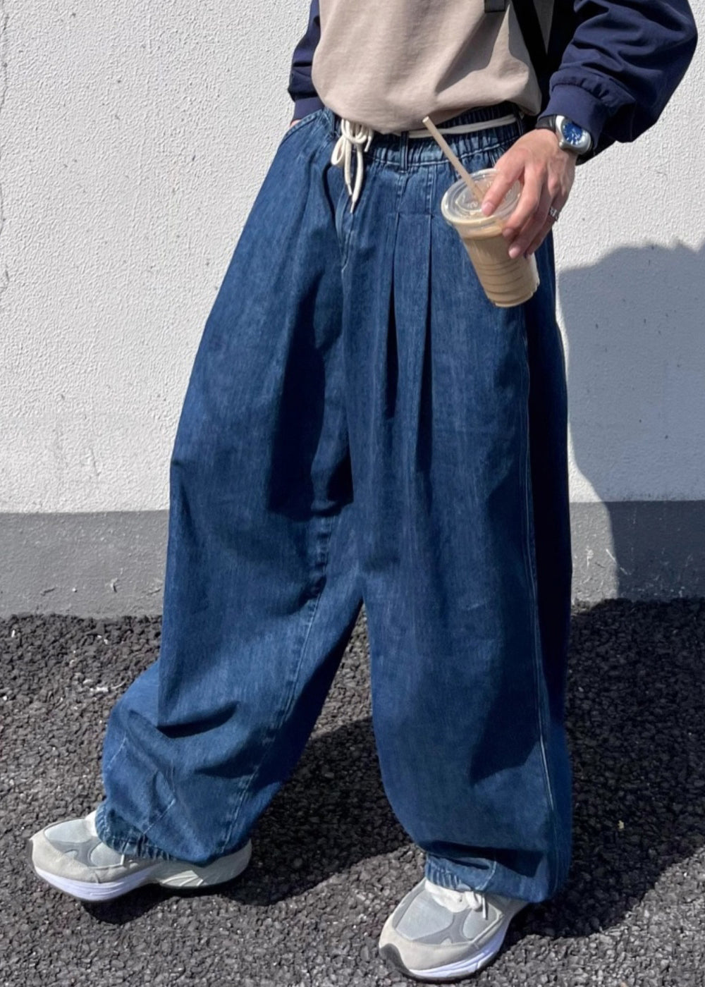 Loose Blue Solid Elastic Waist Denim Mens Pants Summer
