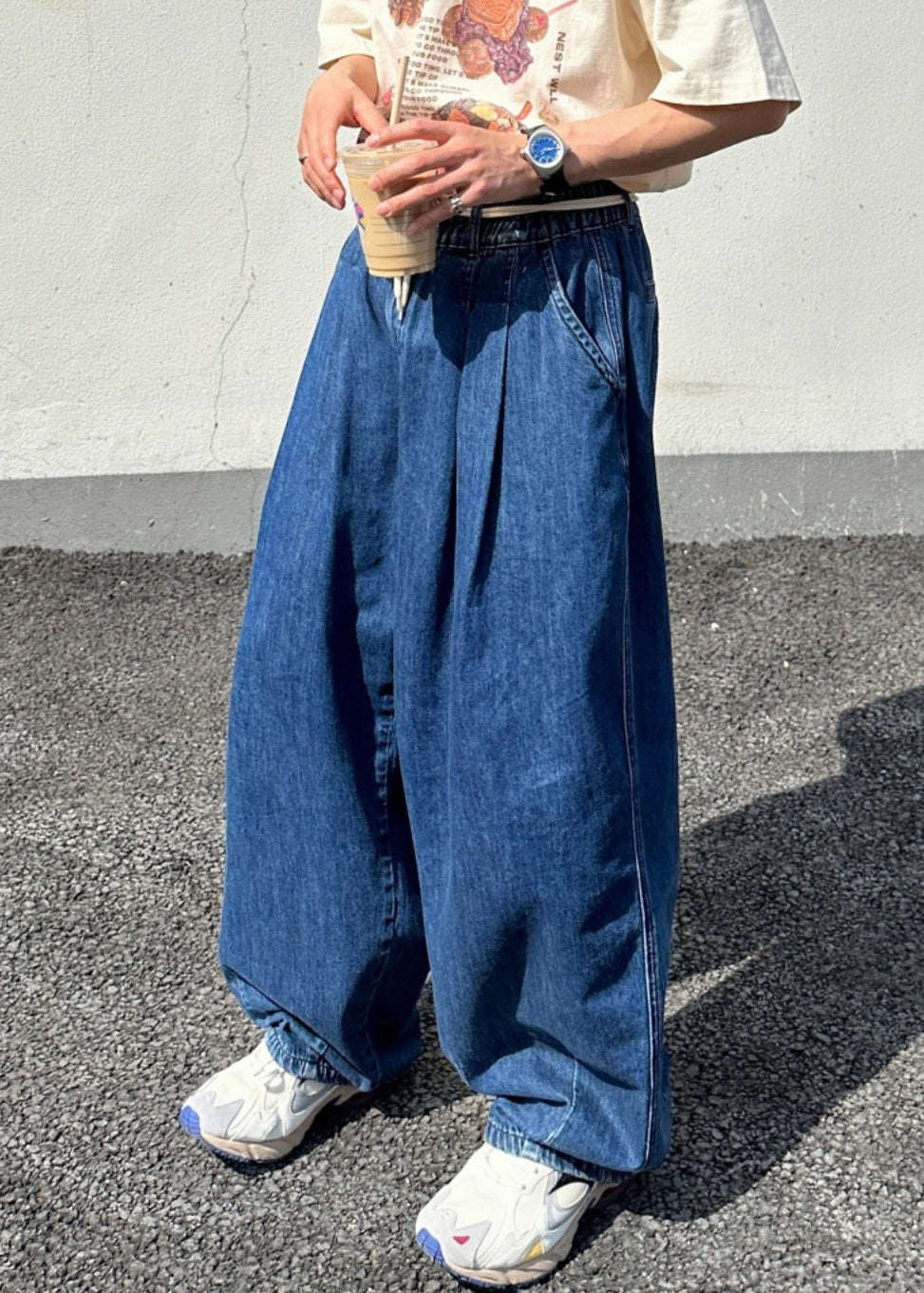 Loose Blue Solid Elastic Waist Denim Mens Pants Summer