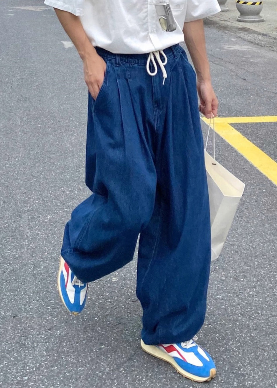 Loose Blue Solid Elastic Waist Denim Mens Pants Summer