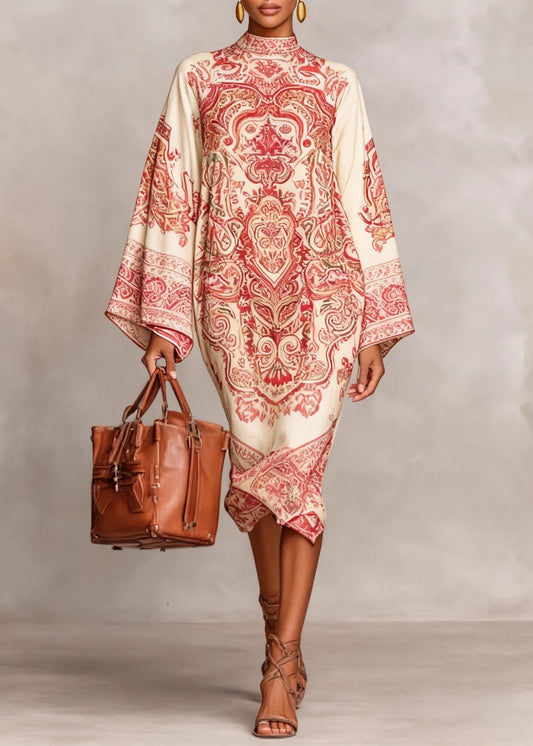 Loose Blue Stand Collar Print Silk Long Dresses Spring