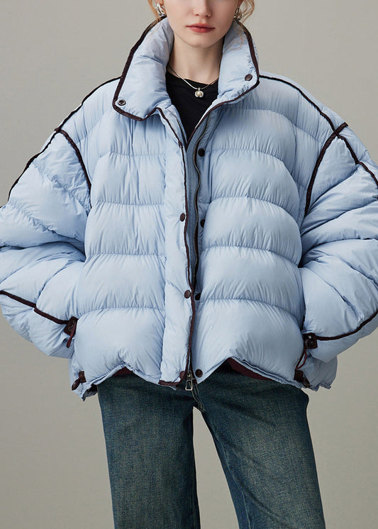 Abrigo acolchado de plumón de pato azul holgado con cuello alto, cremallera y cordón ajustable para invierno