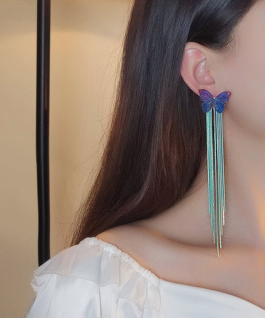 Loose Blue Sterling Silver Butterfly Chain Tassel Drop Earrings