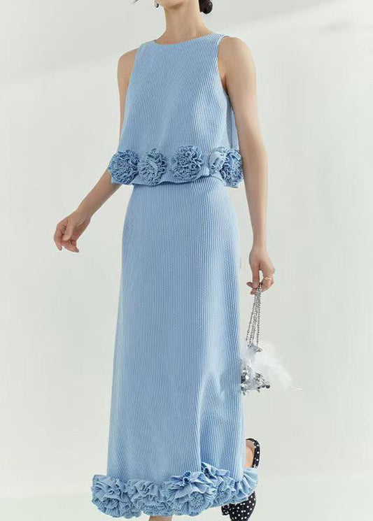 Loose Blue Striped Floral Solid Tank And Skirts Two Piece Set Sleeveless