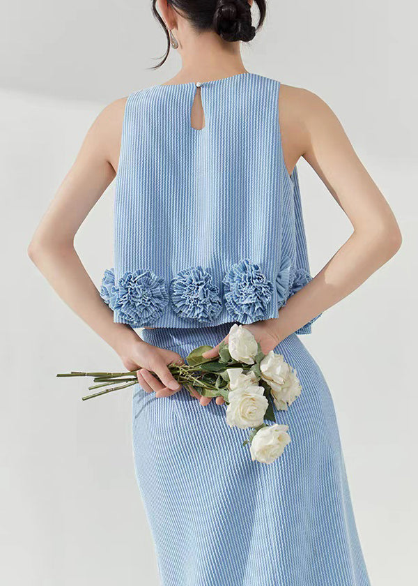 Loose Blue Striped Floral Solid Tank And Skirts Two Piece Set Sleeveless