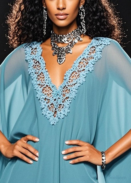 Loose Blue V Neck Hollow Out Lace Chiffon Top Batwing Sleeve
