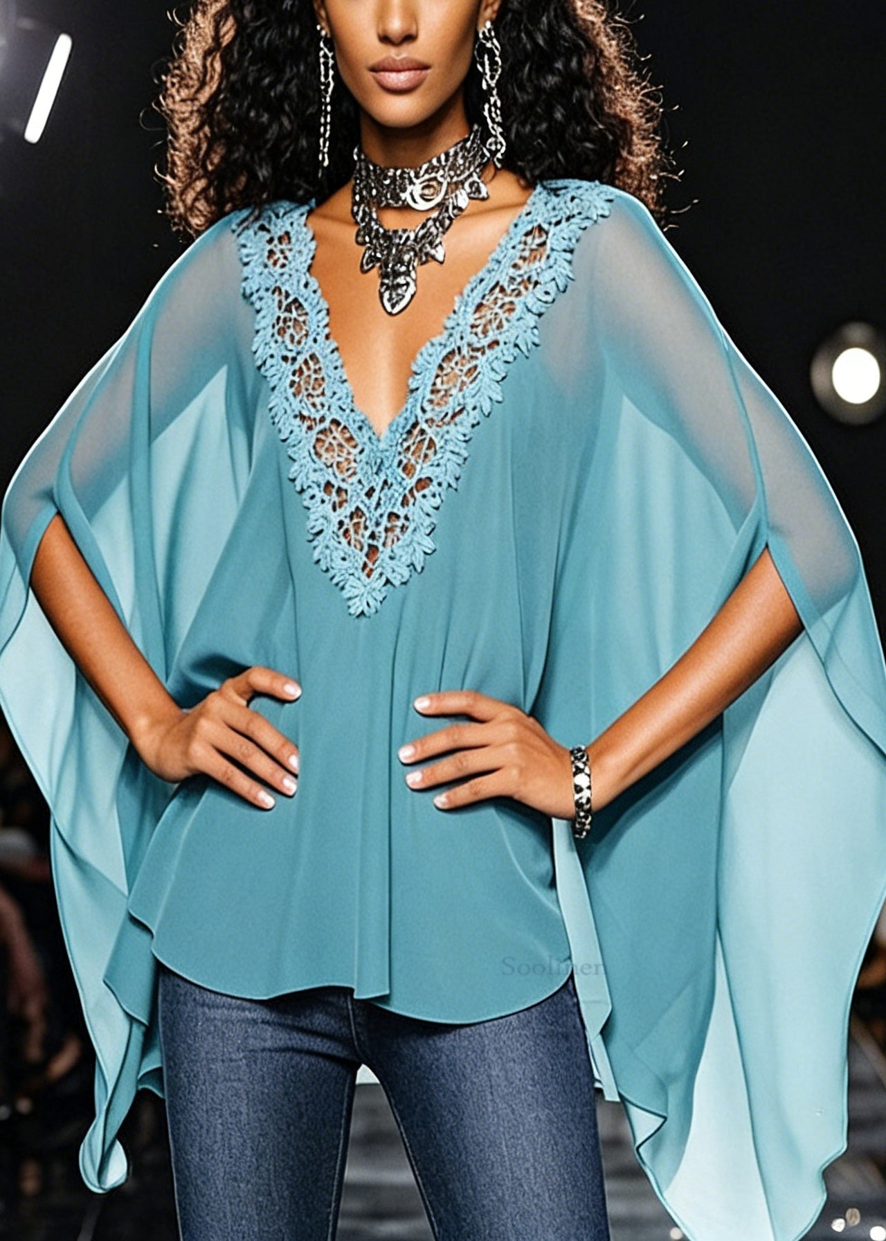 Loose Blue V Neck Hollow Out Lace Chiffon Top Batwing Sleeve