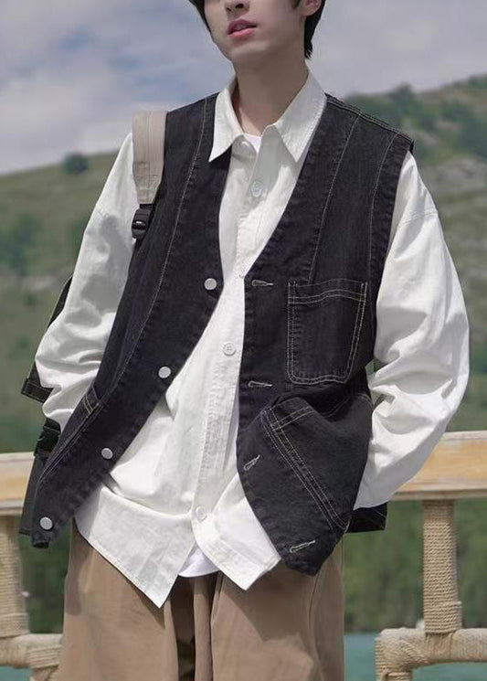 Loose Blue V Neck Pockets Denim Men Waistcoat Sleeveless