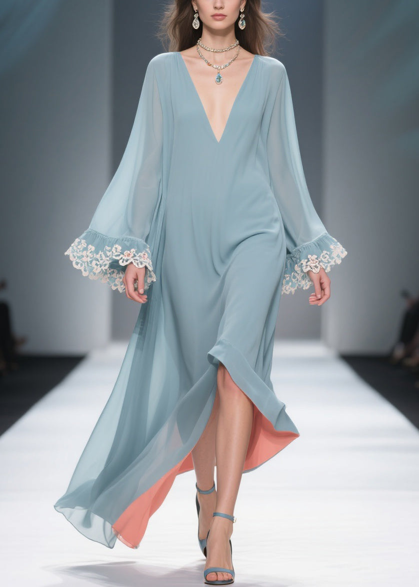 Loose Blue V Neck Solid Chiffon Maxi Dresses Flare Sleeve