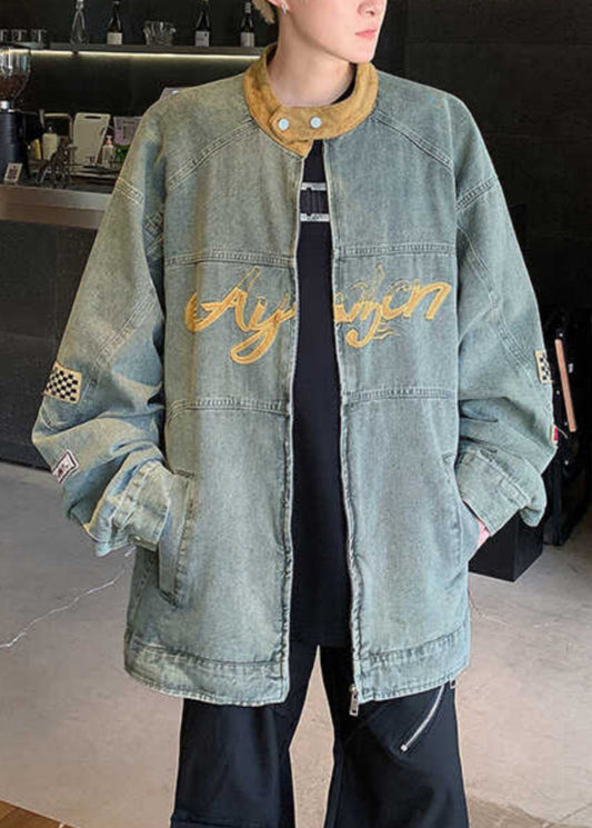 Loose Blue Zippered Patchwork Denim Mens Coats Fall
