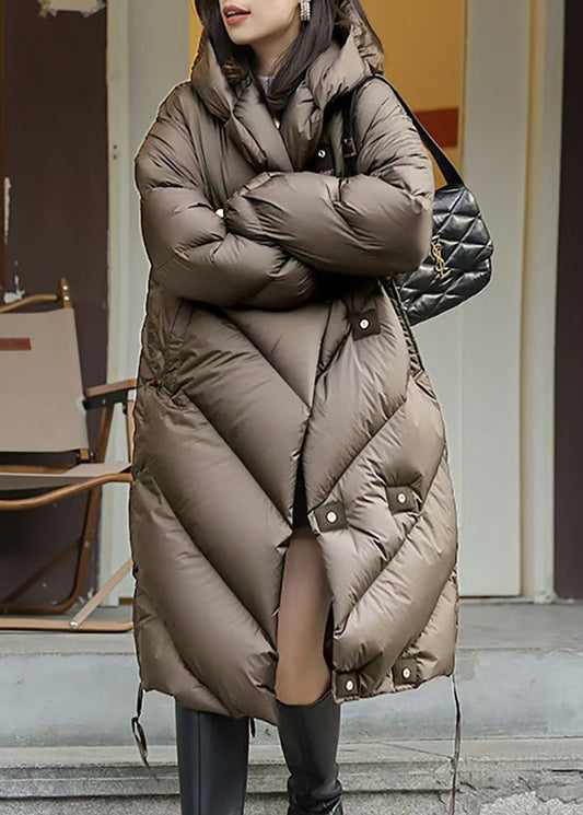 Abrigos de plumón de pato con botones y capucha marrón sueltos para invierno