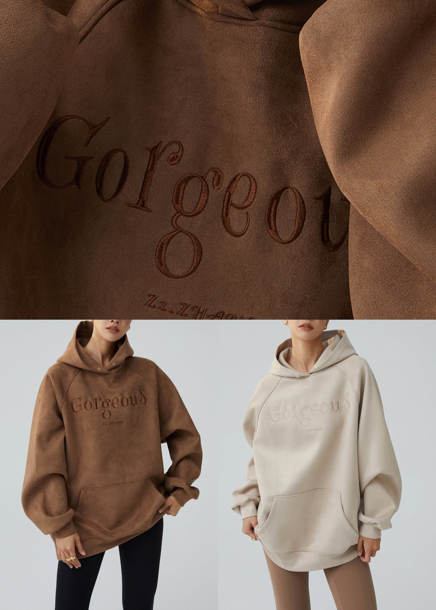 Loose Brown Pockets Patchwork Faux Suede Streetwear Lanter Sleeve