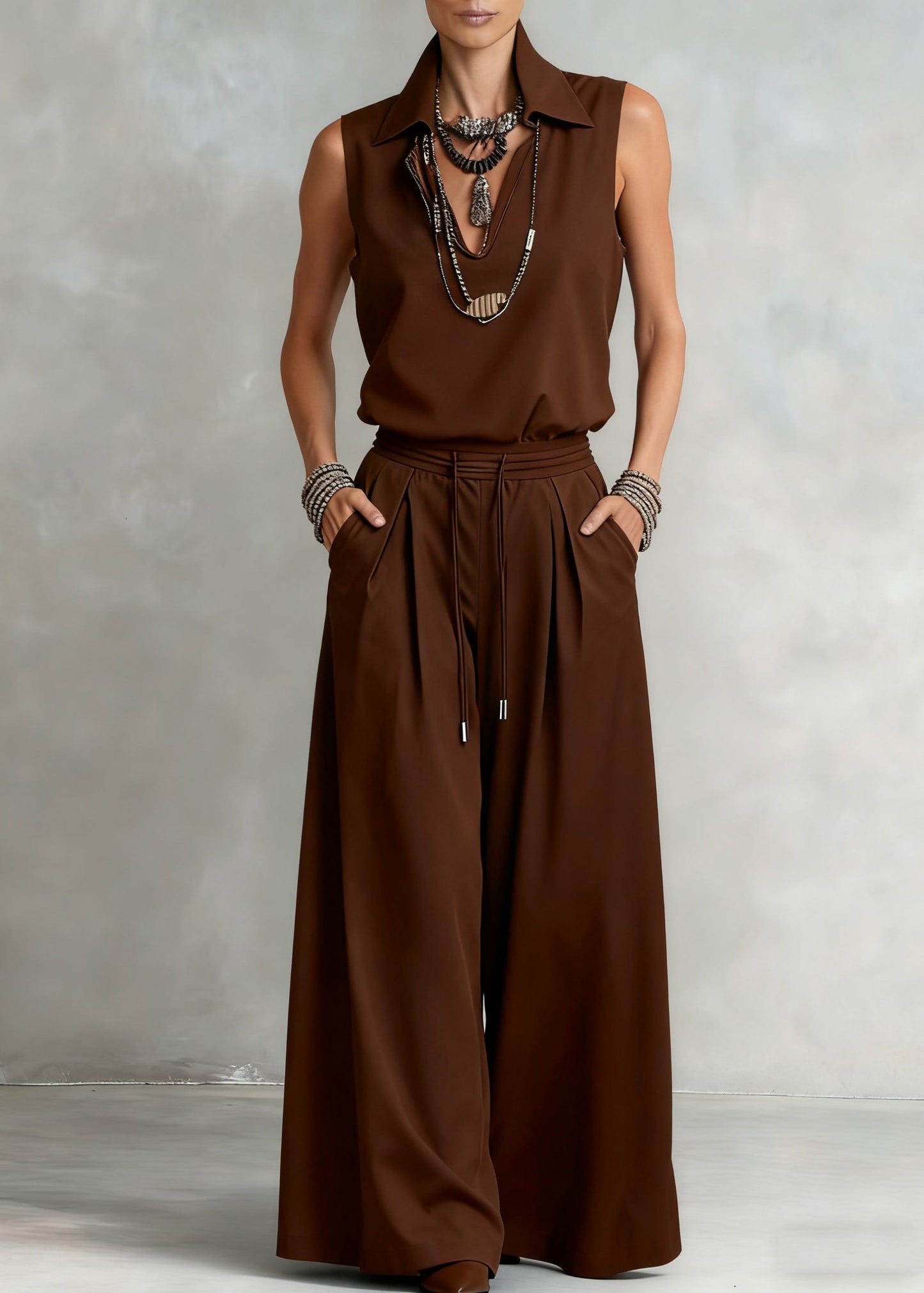 Loose Brown V Neck Elastic Waist Tops And Wide Leg Pants Cotton Two Piece Set Sleeveless