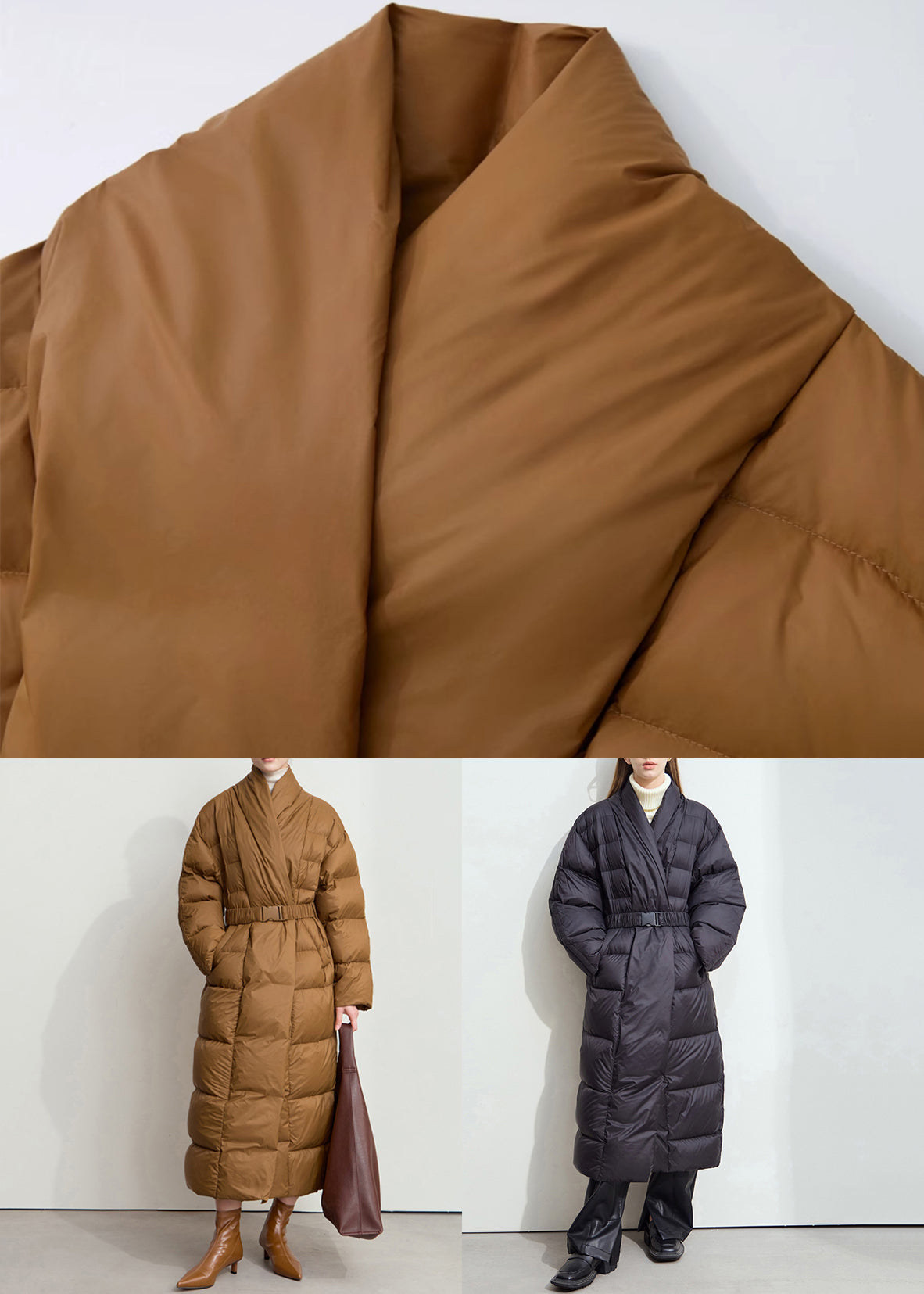 Loose Brown V Neck Pockets Sashes Duck Down Long Coat Winter